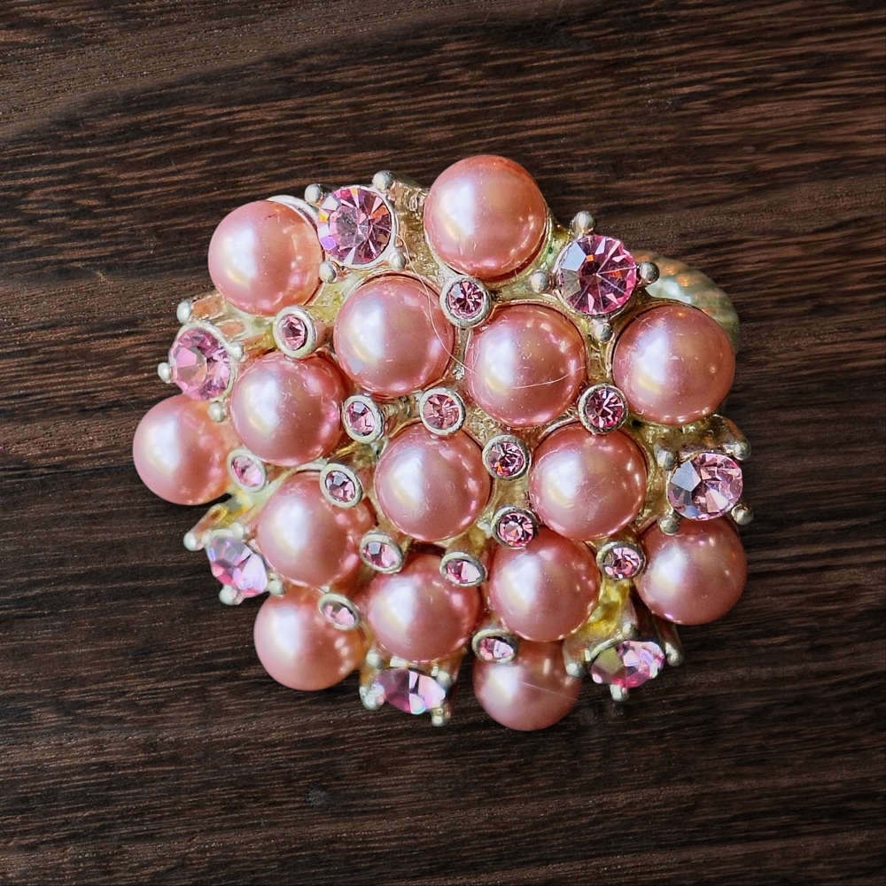 90s Vintage  Pink Faux Pearl & Rheinstone Adjustable Ring